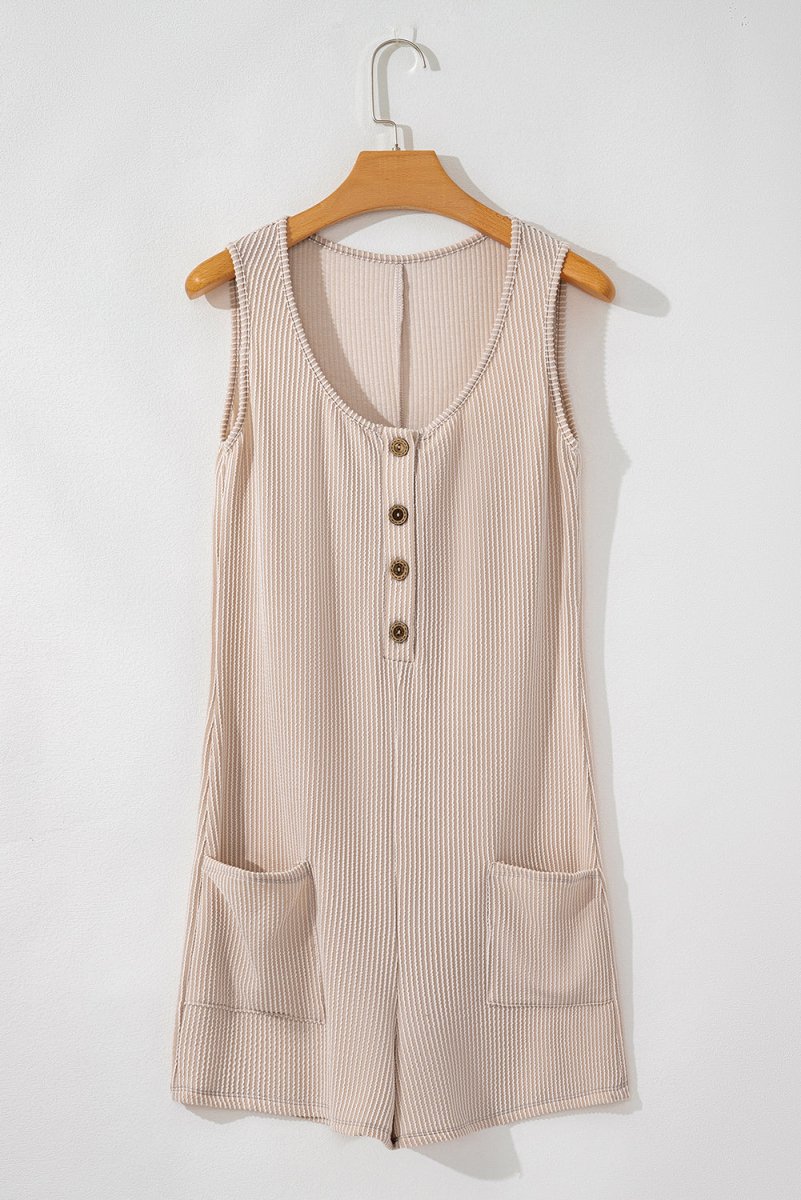 Parchment Corded Knit Side Pockets Buttoned Sleeveless Romper - Love Salve